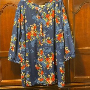Floral Blue Blouse with Red and White Accents